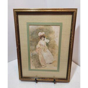 Vintage Framed Watercolor Of Victorian Woman Signed W H 12.5" by 10"